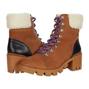 NEW DESIGNER Schutz Ritah Leather Lace up Faux Fur Lug Sole Boots